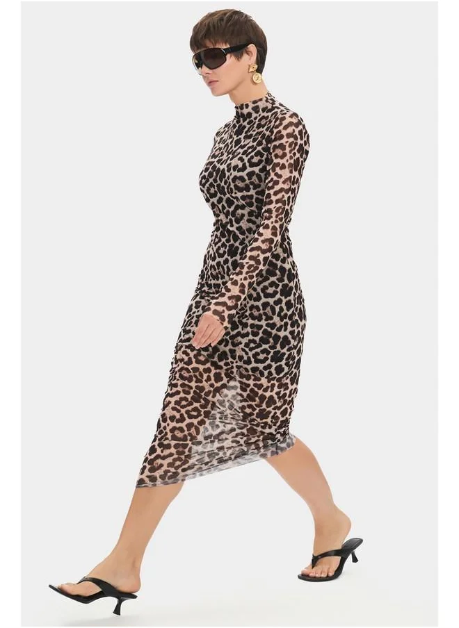JUNE June Women Stand Neck Leopard Patterned Tulle Detailed Midi Dress Beige