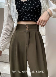 roaiss Women’s Wide Leg Trousers Pants High Waisted Two Button Design Business Work Office Casual Straight Leg Long Pants for Ladies Daily Wear Spring Summer Autumn Clothes  - Image 2