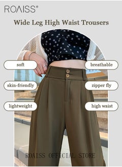 roaiss Women’s Wide Leg Trousers Pants High Waisted Two Button Design Business Work Office Casual Straight Leg Long Pants for Ladies Daily Wear Spring Summer Autumn Clothes  - Image 5
