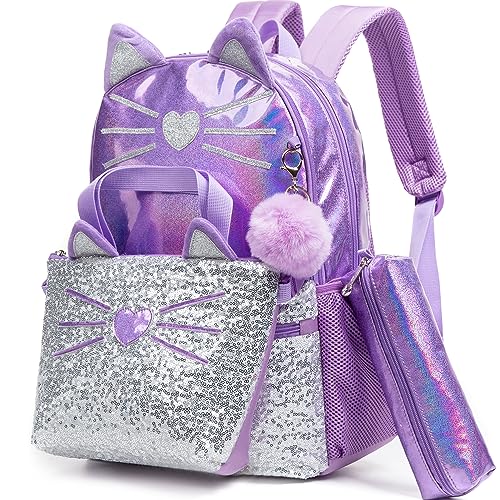 Meetbelify Cute Cat Backpack for Girls Backpacks with Lunch Box Set Kids School Bag for Elementary Preschool Student Girls 6-8 - Image 1
