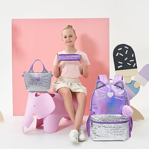 Meetbelify Cute Cat Backpack for Girls Backpacks with Lunch Box Set Kids School Bag for Elementary Preschool Student Girls 6-8 - Image 4