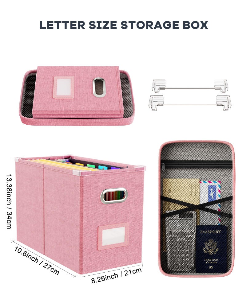 Oterri File Organizer Box with Lid, Hanging Filing File Box with Mesh Pocket, Document Organizer Box for Letter Files, Portable Storage Box with Smooth Sliding Rail for Office&Home (1 PCS, Pink) - Image 2