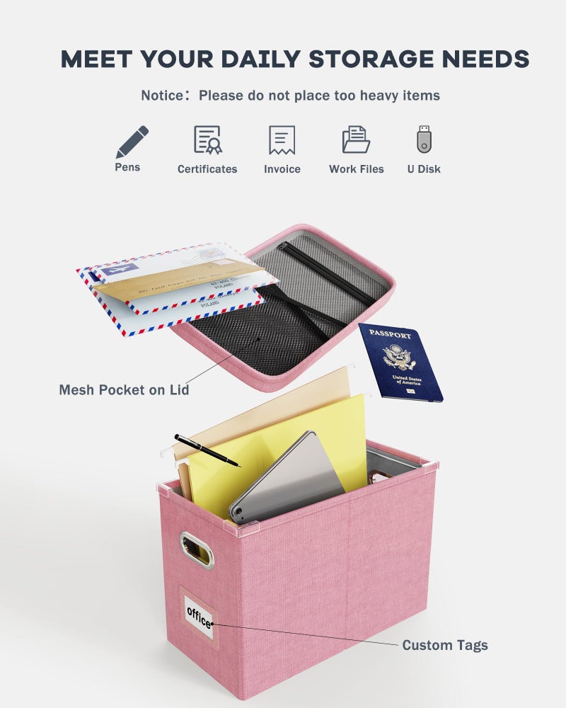 Oterri File Organizer Box with Lid, Hanging Filing File Box with Mesh Pocket, Document Organizer Box for Letter Files, Portable Storage Box with Smooth Sliding Rail for Office&Home (1 PCS, Pink) - Image 4