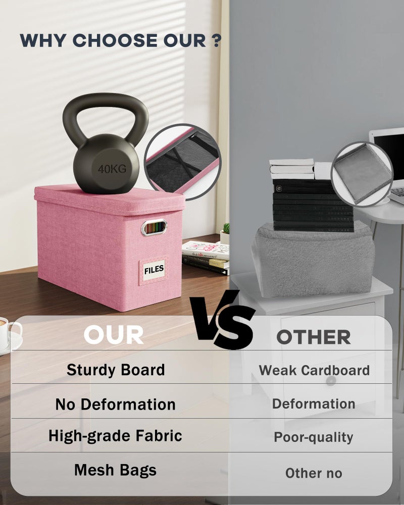 Oterri File Organizer Box with Lid, Hanging Filing File Box with Mesh Pocket, Document Organizer Box for Letter Files, Portable Storage Box with Smooth Sliding Rail for Office&Home (1 PCS, Pink) - Image 3