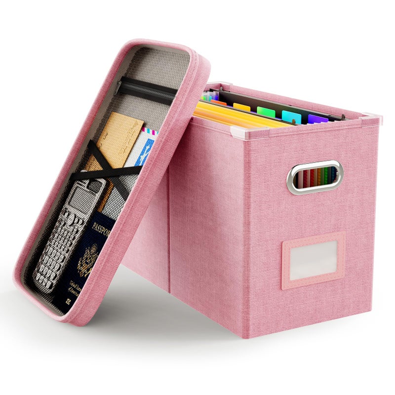 Oterri File Organizer Box with Lid, Hanging Filing File Box with Mesh Pocket, Document Organizer Box for Letter Files, Portable Storage Box with Smooth Sliding Rail for Office&Home (1 PCS, Pink) - Image 1