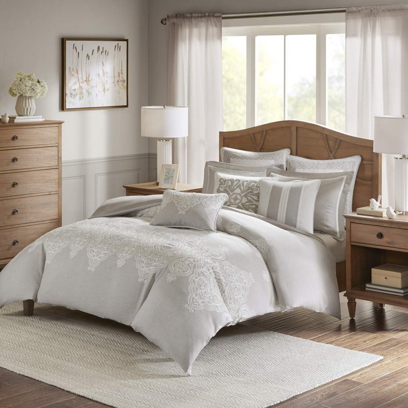 madison park Madison Park Signature Cozy Comforter Set  All Season Bedding Combo Filled Insert and Removable Duvet Cover Shams Decorative Pillows Damask Natural King110x96 10 Piece 