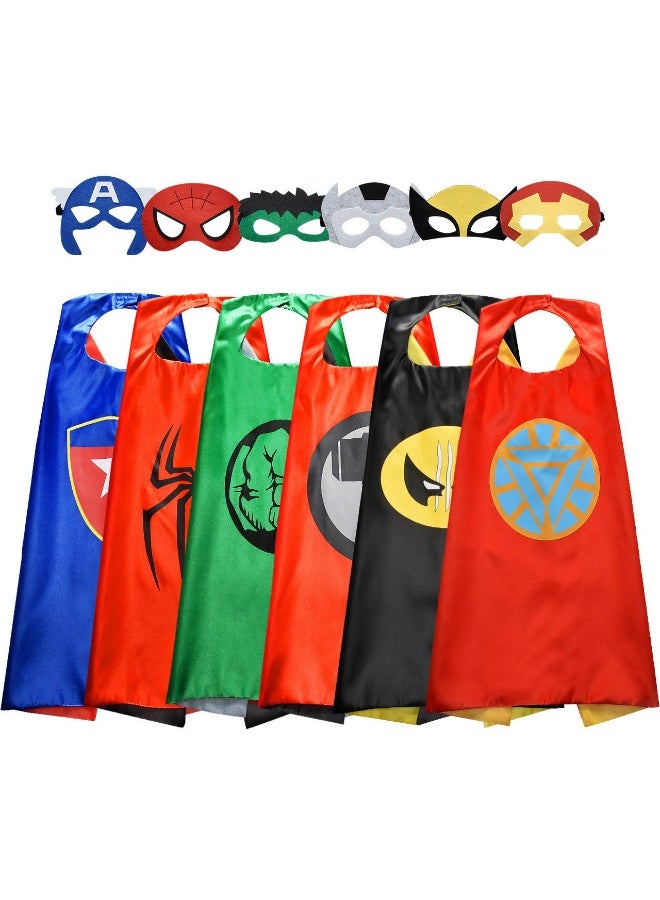 Halamodo 6Pcs طبعوا رداء البطل الخارق المزدوج الجانب والأقنعة كوزبلاي مجموعة أزياء، لعب الأدوار زي رداء معكوس مع أقنعة لفتية من عمر 3-12، لحفلة عيد الميلاد، عرض المسرح، حفلة ثيمة، حفلة زي كوزبلاي 70*70 سم - Image 1