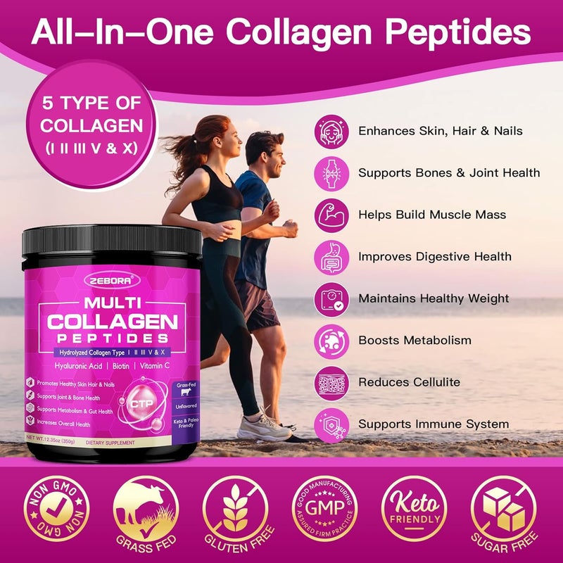 ZEBORA Multi Collagen Peptides Powder  Hydrolyzed Collagen Type I II III V X with Hyaluronic Acid Biotin Vitamin C  Support Skin Hair Nail Joints NonGMO Unflavored Keto Friendly - Image 3
