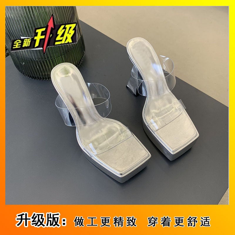 Thick-Heeled Waterproof Platform For Small People Explosions Joker Sandals 2024 Summer Square Head Transparent Thick-Soled High-Heeled Shoes - Image 1