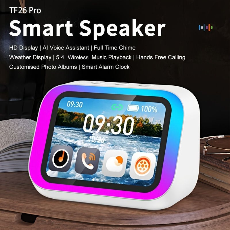 White AI Smart Speaker with Alarm Clock RGB Lights HD Display Voice Assistant - Image 1