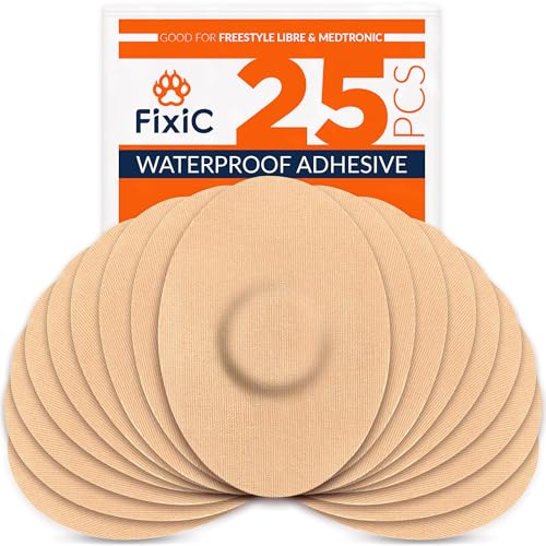 FixiC Freestyle Adhesive Patches 25 PCS Good for Libre 1 2 3 Plus G7 Stelo Guardian Waterproof Adhesive Patches Libre Adhesive Covers PreCut Best Fixation for Your Sensor Tan