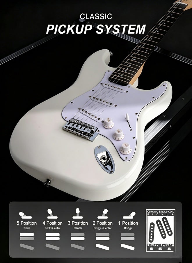 آيرين جيتار كهربائي، مقاس كامل 39 بوصة، مع حقيبة + مكبر صوت + موالف + حزام + أوتار + ريشة + لفافة أوتار (أبيض) - Image 3