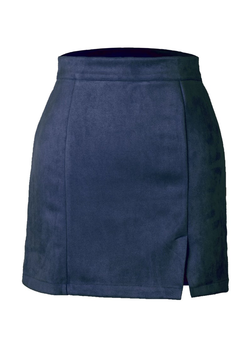 Loquat Women's Hip Wrap High Waist Solid Color Zipper Short Mini Skirts Side Slit Pencil Skirt Navy Blue  - Image 3