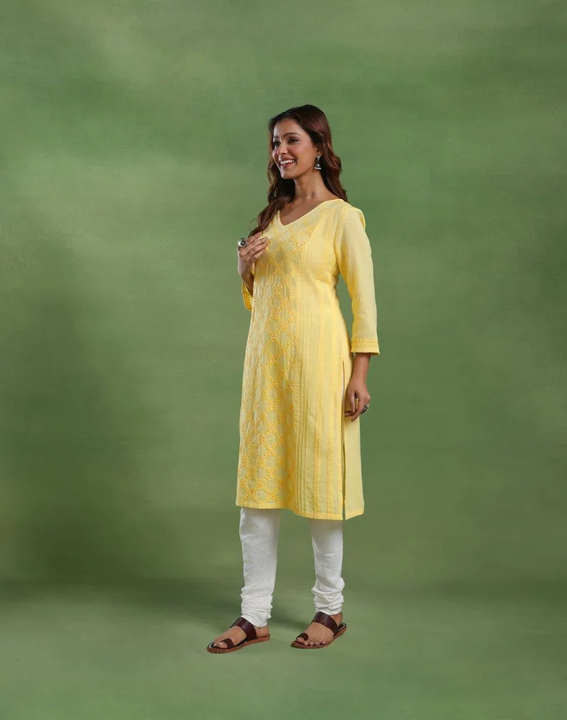 Fabindia  Yellow Cotton Knee Length Kurta for Women | Best Price UAE