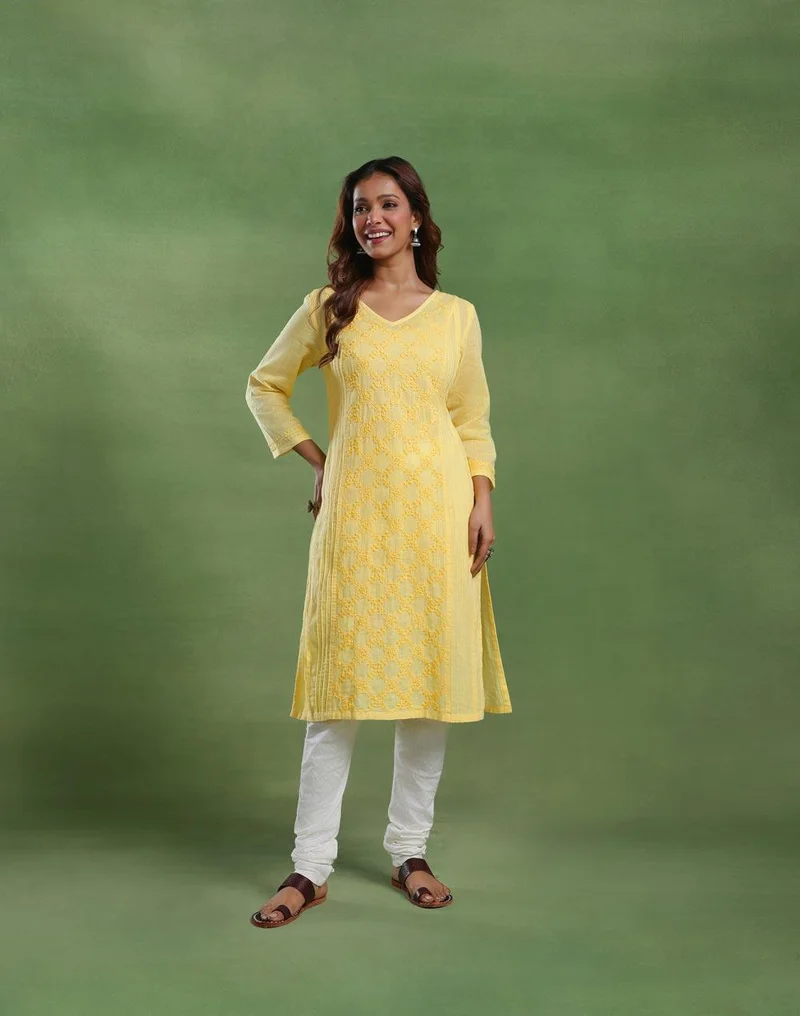 فاب انديا Yellow Cotton Knee Length Kurta