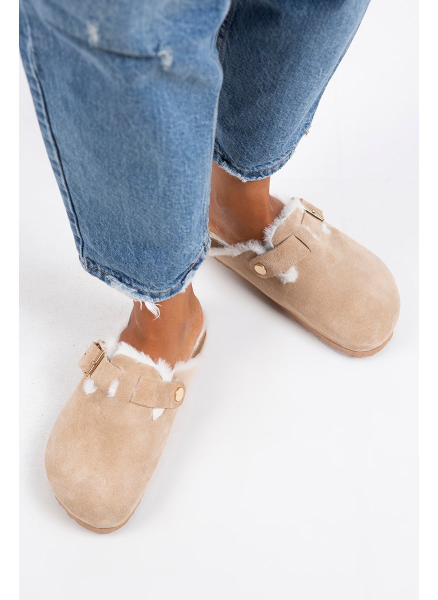 Manijero Manjero Zeta Shearling Women's Genuine Leather Buckle Belted Shearling Sand Suede Slippers  - Image 1