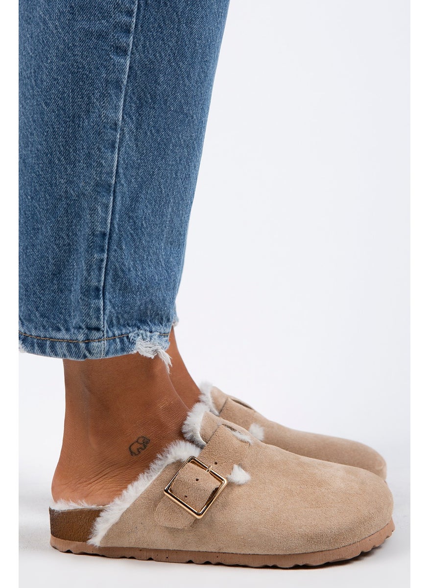 Manijero Manjero Zeta Shearling Women's Genuine Leather Buckle Belted Shearling Sand Suede Slippers  - Image 5