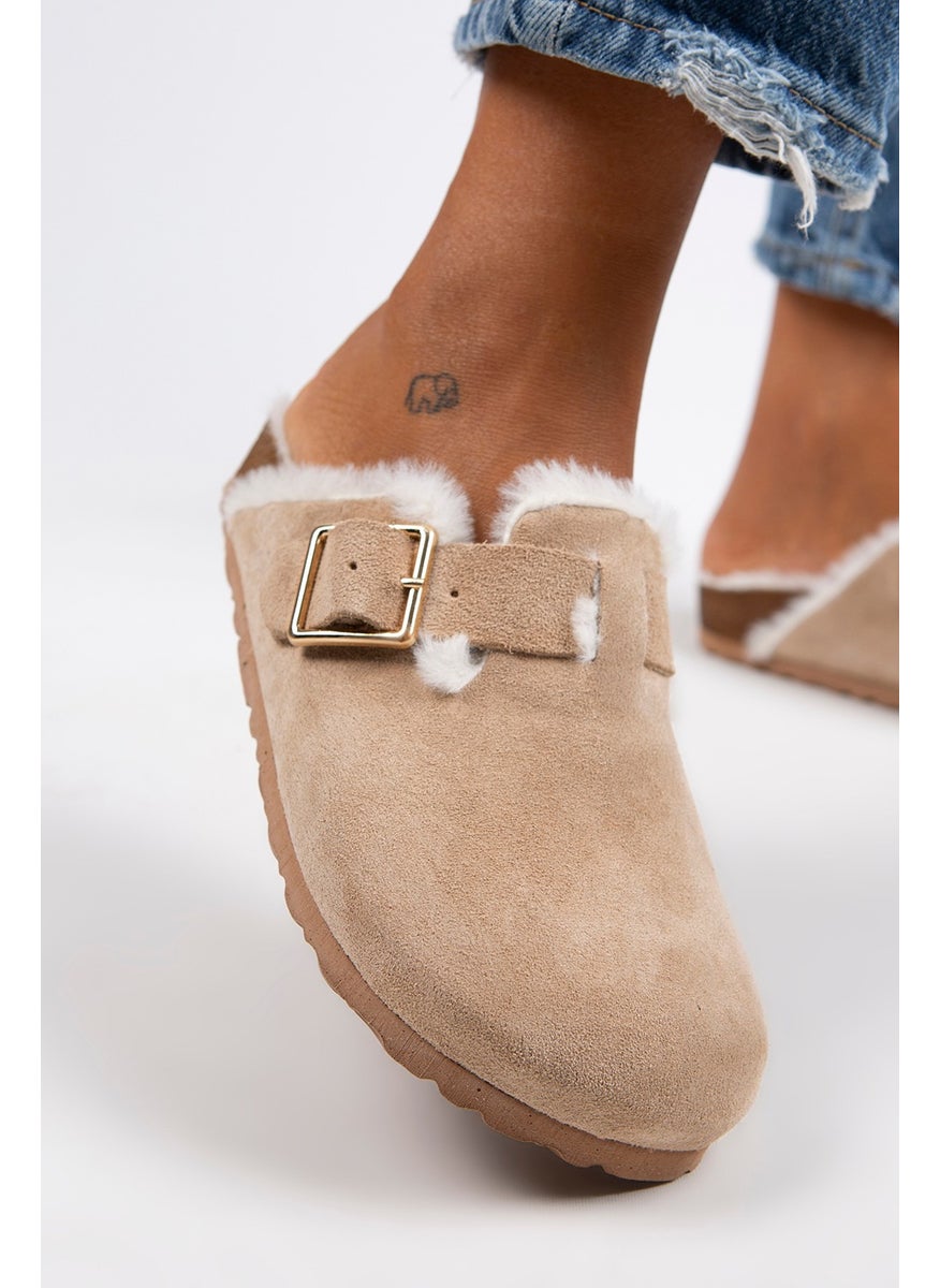 Manijero Manjero Zeta Shearling Women's Genuine Leather Buckle Belted Shearling Sand Suede Slippers  - Image 4