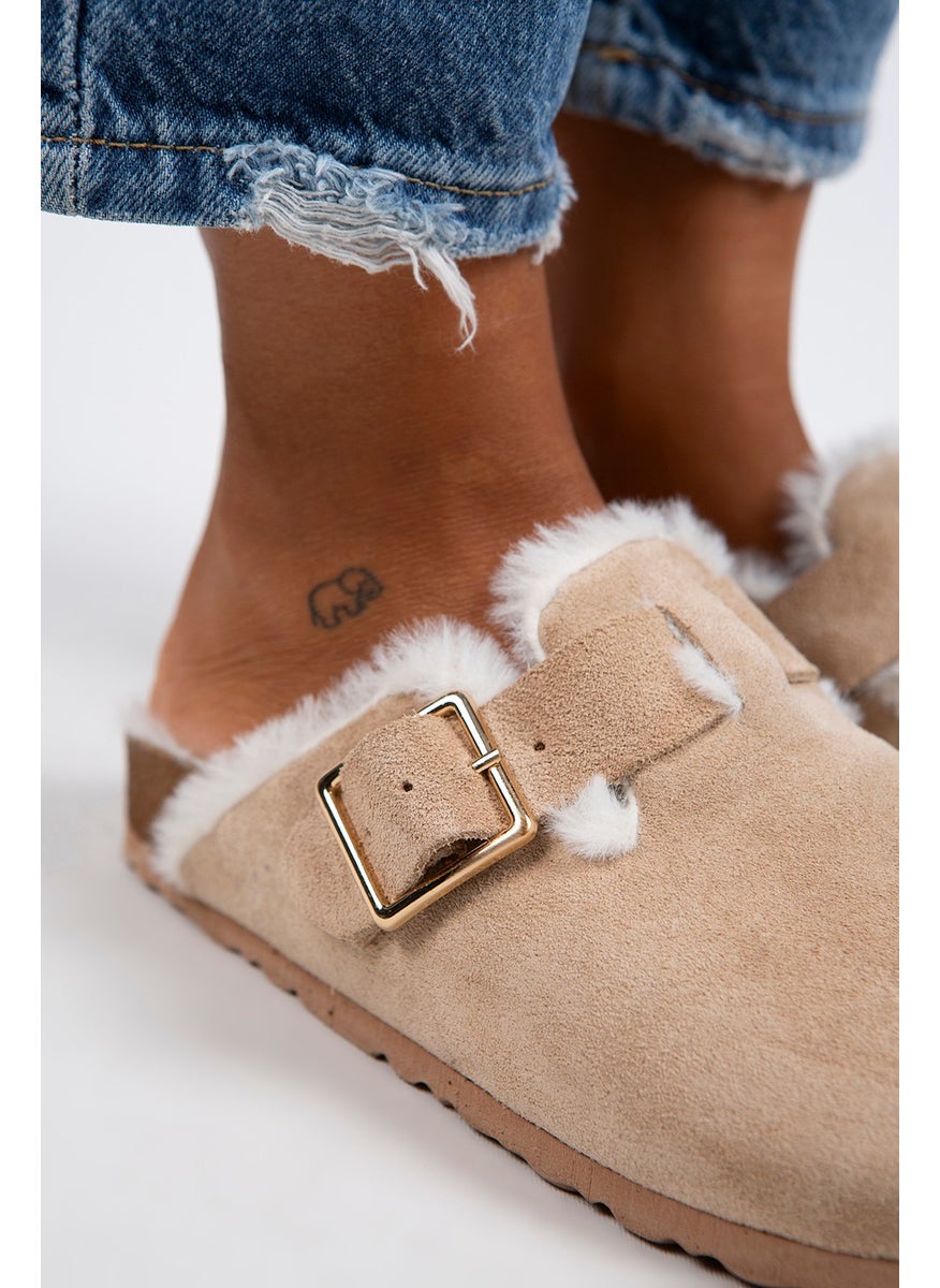 Manijero Manjero Zeta Shearling Women's Genuine Leather Buckle Belted Shearling Sand Suede Slippers  - Image 3