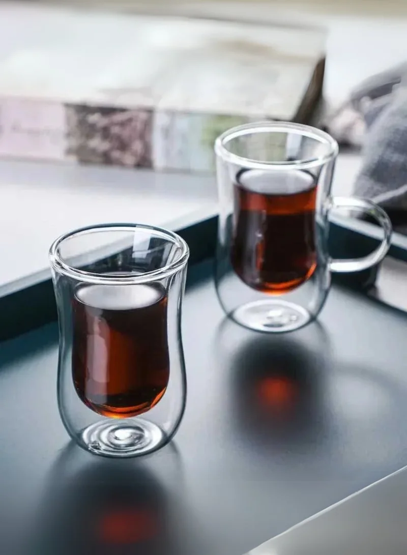 1Chase Double Wall Insulated Glass Cups – 80ML With Handle (Set of 6) | Heat Resistant Arabic Tea &amp; Coffee Cups | Stylish Glassware for Latte, Espresso, Iced Tea