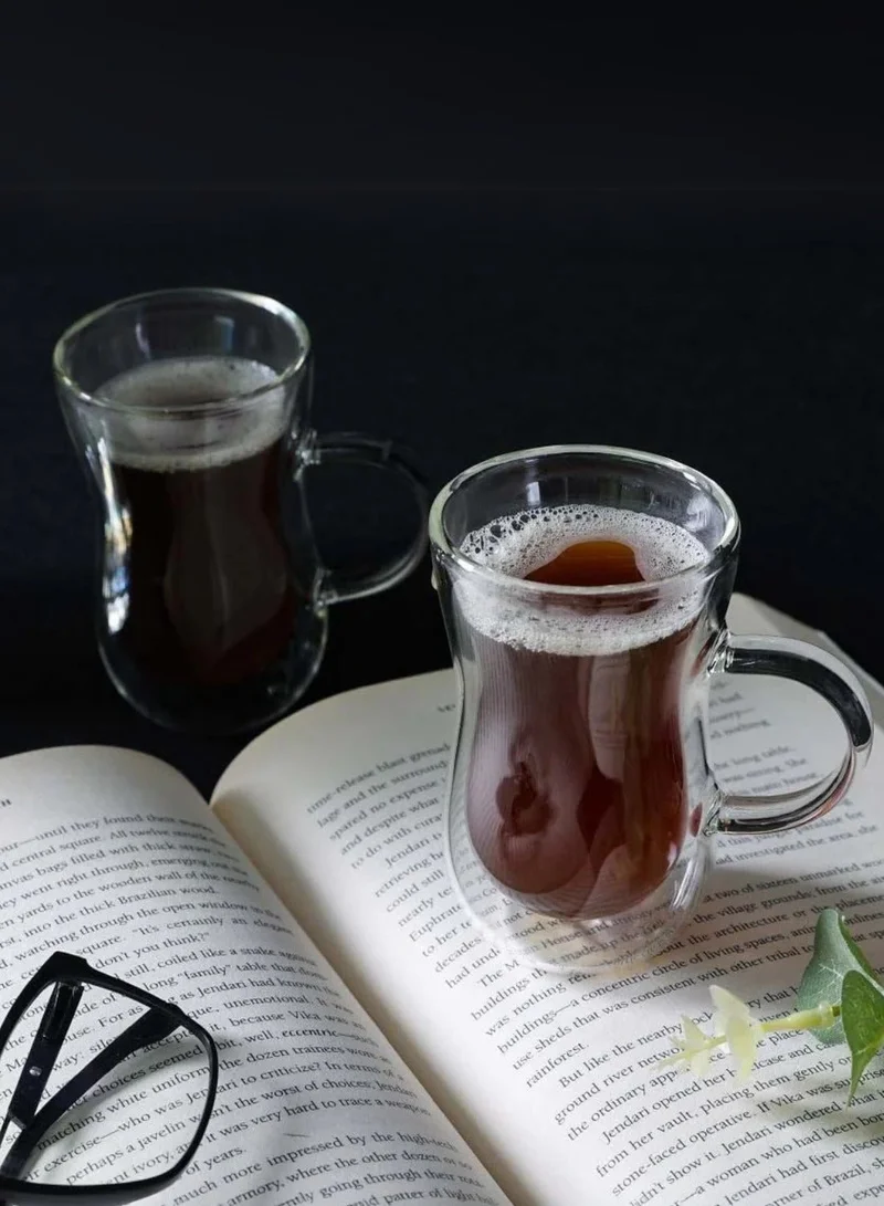 1Chase Double Wall Insulated Glass Cups – 80ML With Handle (Set of 6) | Heat Resistant Arabic Tea &amp; Coffee Cups | Stylish Glassware for Latte, Espresso, Iced Tea