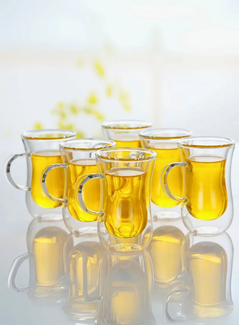 1Chase Double Wall Insulated Glass Cups – 80ML With Handle (Set of 6) | Heat Resistant Arabic Tea &amp; Coffee Cups | Stylish Glassware for Latte, Espresso, Iced Tea