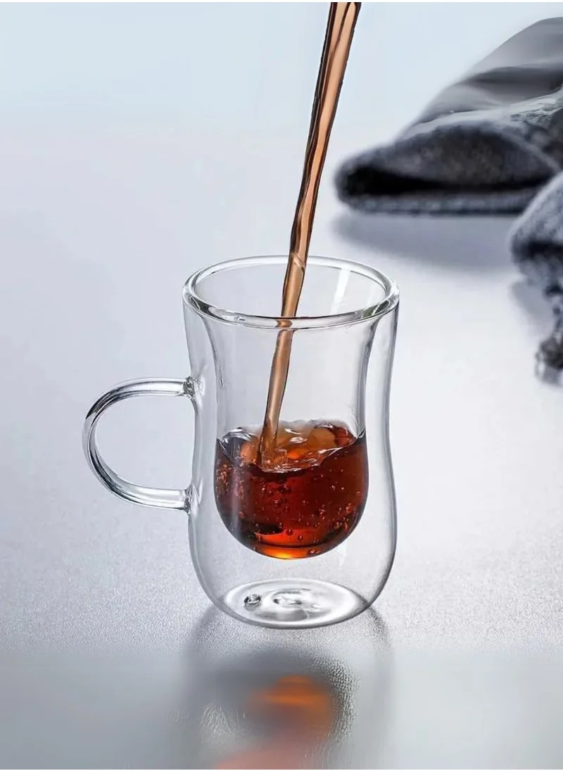 1Chase Double Wall Insulated Glass Cups – 80ML With Handle (Set of 2) | Heat Resistant Arabic Tea & Coffee Cups | Stylish Glassware for Latte, Espresso, Iced Tea