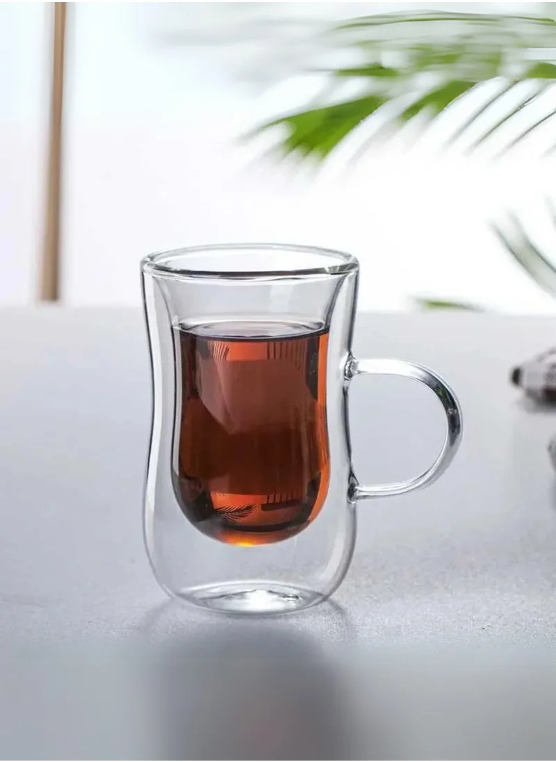 1Chase Double Wall Insulated Glass Cups – 80ML With Handle (Set of 2) | Heat Resistant Arabic Tea & Coffee Cups | Stylish Glassware for Latte, Espresso, Iced Tea