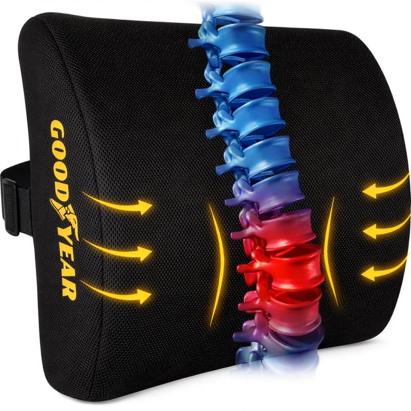 Goodyear Ergonomic Lumbar Support Pillow for Office Chair Gaming Chair or Car Memory Foam Cushion with Ventilated Mesh and Adjustable Strap for Long Lasting Comfort - Image 2