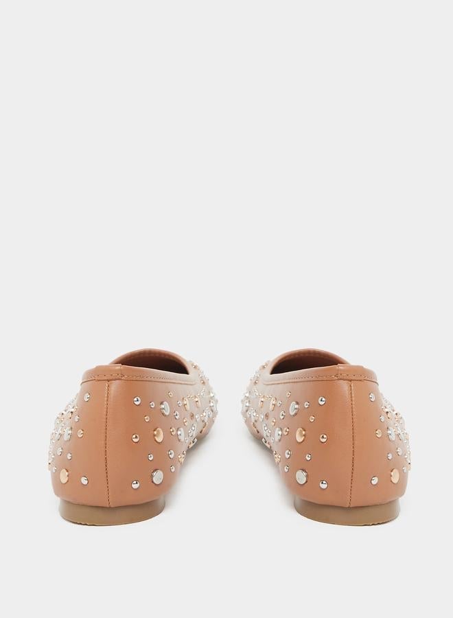 Styli Tan Studded Ballet Shoes - Image 5