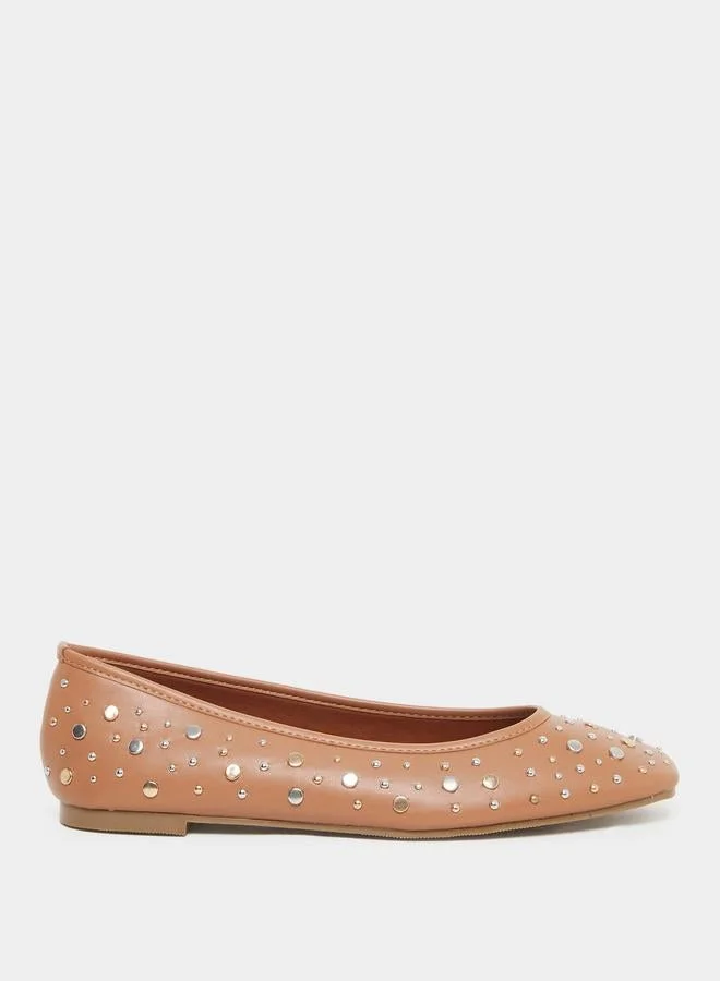 Styli Tan Studded Ballet Shoes