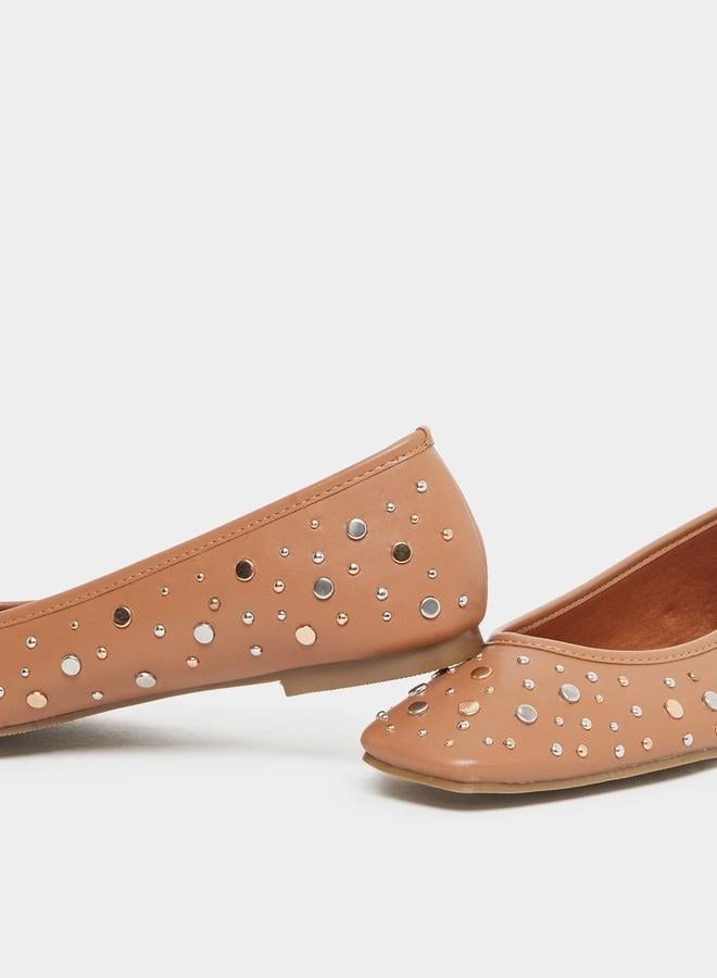 Styli Tan Studded Ballet Shoes - Image 4
