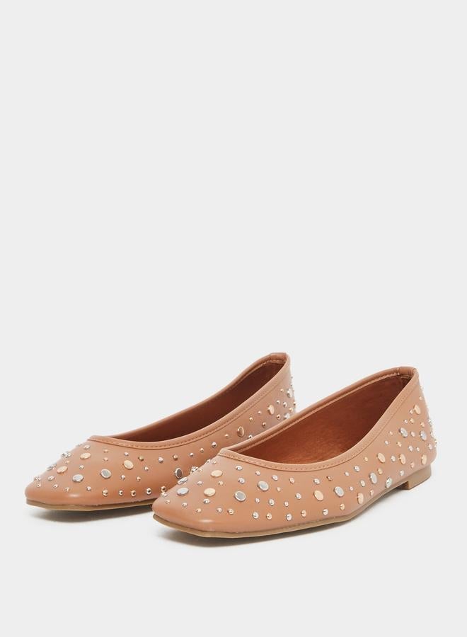 Styli Tan Studded Ballet Shoes - Image 3