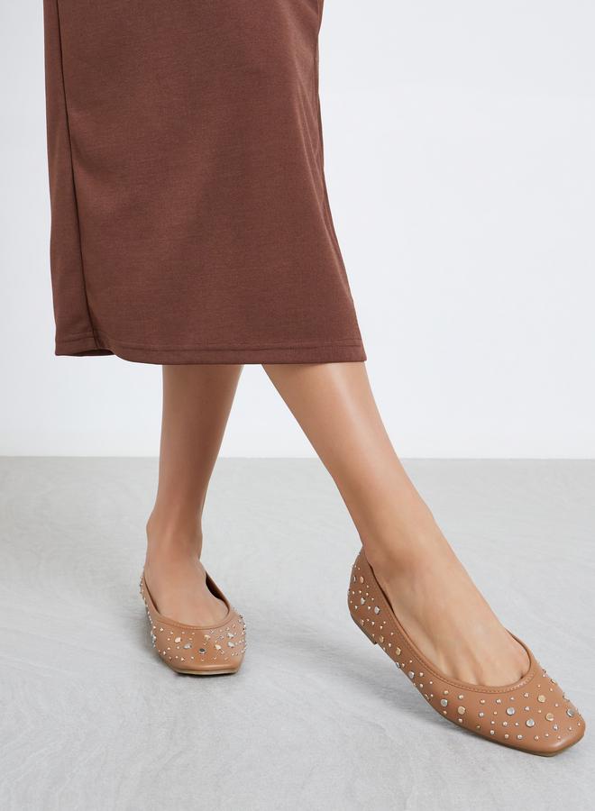 Styli Tan Studded Ballet Shoes - Image 2
