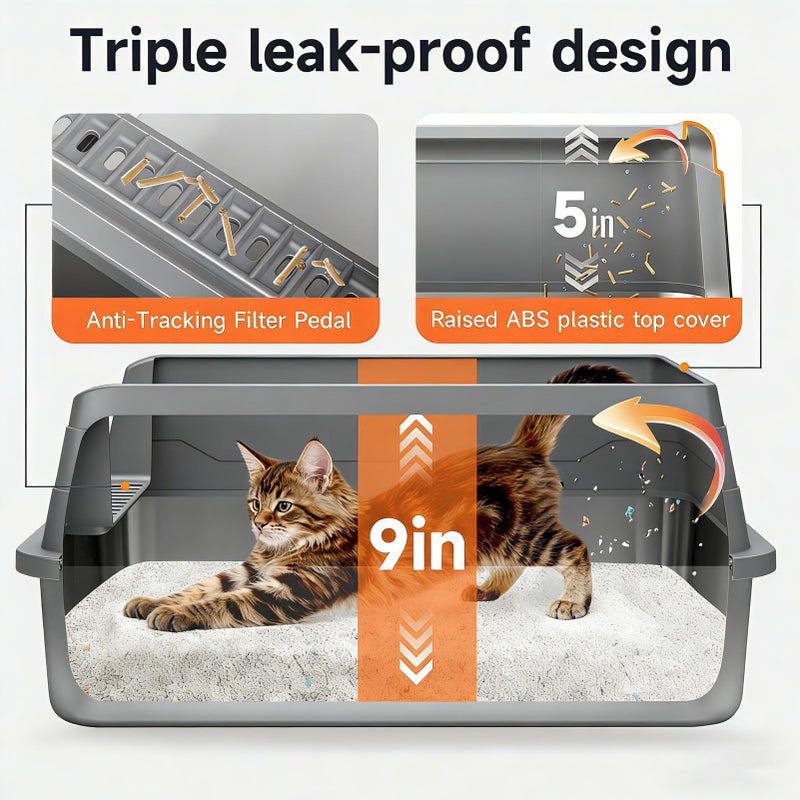 KISENG Stainless Steel Cat Litter Box, Odor Free Metal Litter Box with High Sides Lid, Open Top Low Entry Litter Pan Include Scoop Easy Cleaning Anti-Scratch Kitty Cat Box Anti-Urine Leakage, Non-Sticky - Image 2
