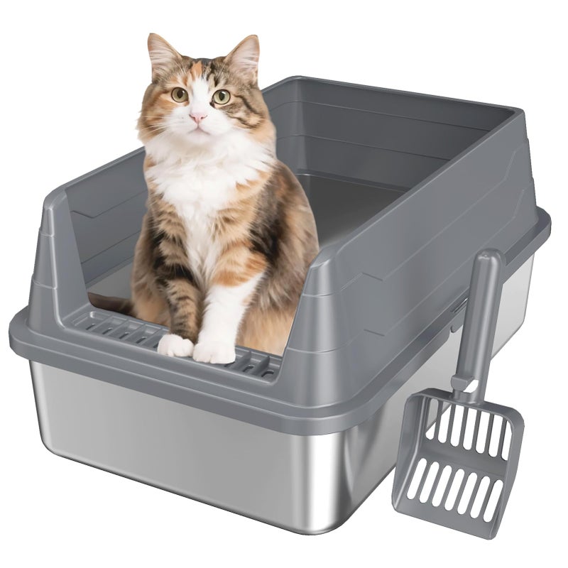 KISENG Stainless Steel Cat Litter Box, Odor Free Metal Litter Box with High Sides Lid, Open Top Low Entry Litter Pan Include Scoop Easy Cleaning Anti-Scratch Kitty Cat Box Anti-Urine Leakage, Non-Sticky - Image 1