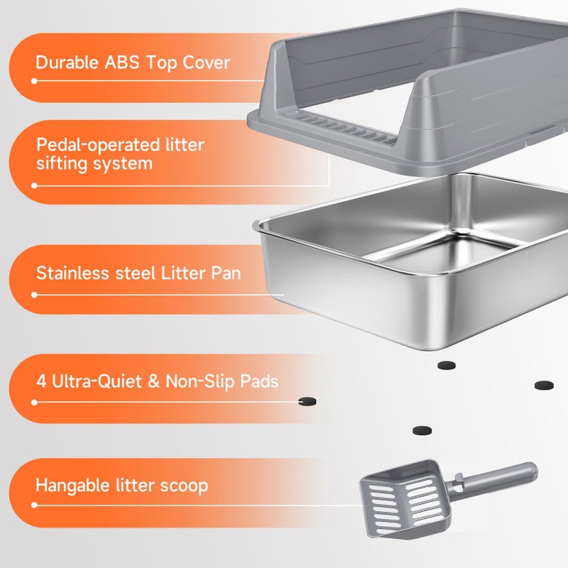 KISENG Stainless Steel Cat Litter Box, Odor Free Metal Litter Box with High Sides Lid, Open Top Low Entry Litter Pan Include Scoop Easy Cleaning Anti-Scratch Kitty Cat Box Anti-Urine Leakage, Non-Sticky - Image 5