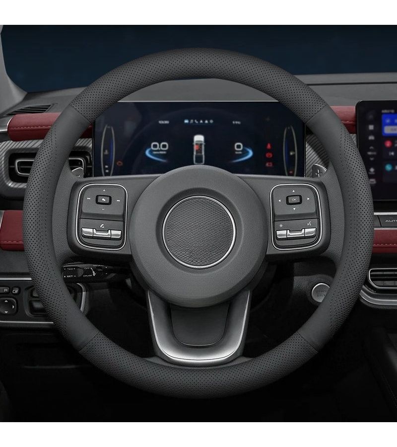 Breathable Faux Leather Steering Wheel Cover 14.57-15.16 Inch Black String Round One Piece - Image 1