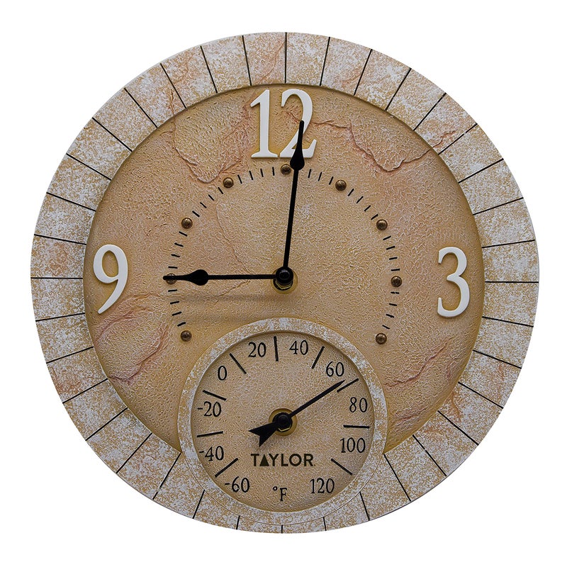 Taylor Taylor Terra Cotta Poly Resin Indoor and Outdoor Clock and Thermometer Home Decor for Garden Patio Pool and Indoor Areas 14inch MultiColor