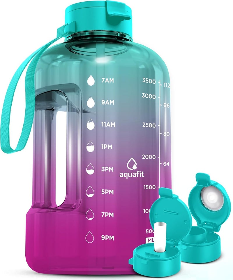 AQUAFIT 1 Gallon Water Bottle with Time Marker - Straw & Chug Lid - BPA Free Gym Water Bottle with Straw - Big Gallon Jug (Galaxy, 128 oz - 2 Lids) - Image 1