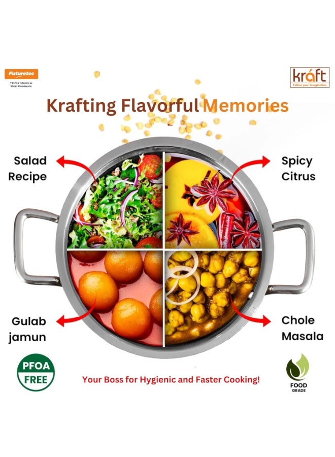 Kraft Futuretec Triply Stainless Steel Cookware Combo Set - 1.5L & 4.1L Extra Deep Kadai with Lid, 2.5mm Thick, Induction Base, Silver - Image 2