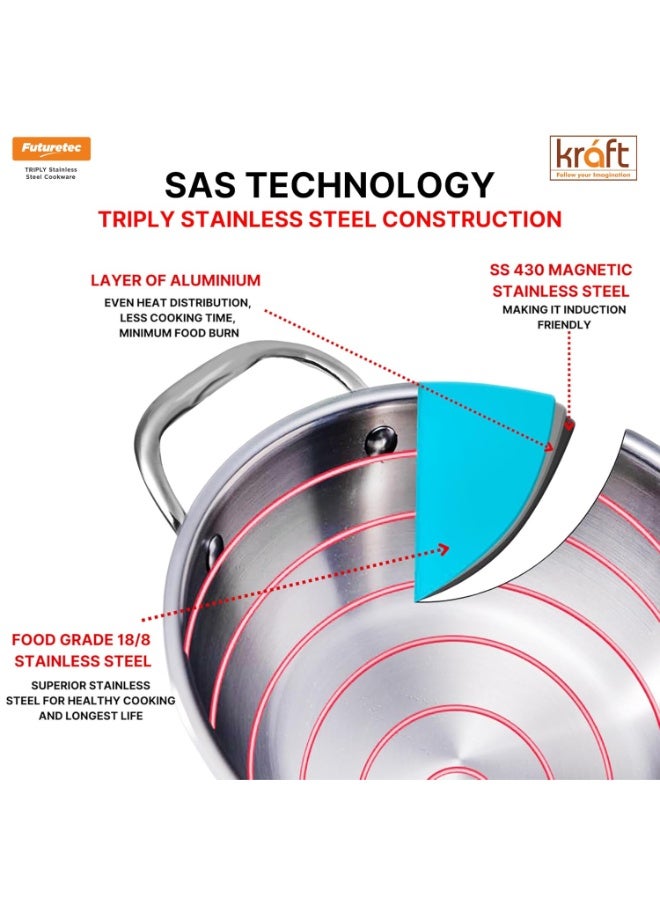 Kraft Futuretec Triply Stainless Steel Cookware Combo Set - 1.5L & 4.1L Extra Deep Kadai with Lid, 2.5mm Thick, Induction Base, Silver - Image 3