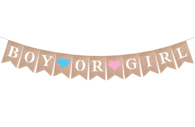 MANGO Boy or Girl Burlap Banner PreStrung Gender Reveal Sign Neutral Baby Shower Decorations ReadytoUse Gender Reveal Banner for Party and Photo Ideas - Image 1