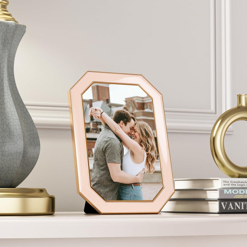 RICHFOCUS 4x6 Enamel Picture Frame with HD-Tempered Glass, Octagon Photo Frame with Gold Metal Edge and Velvet Back for Tabletop and Wall Mount Display, Pink - Image 2