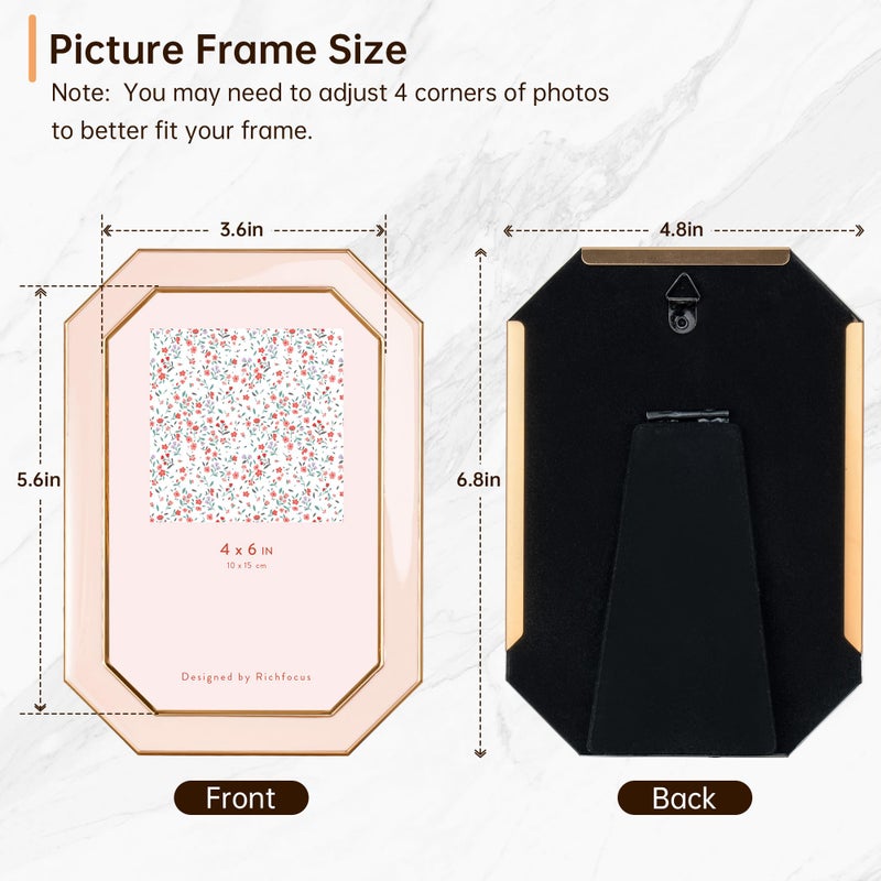 RICHFOCUS 4x6 Enamel Picture Frame with HD-Tempered Glass, Octagon Photo Frame with Gold Metal Edge and Velvet Back for Tabletop and Wall Mount Display, Pink - Image 4