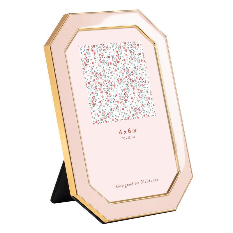 RICHFOCUS 4x6 Enamel Picture Frame with HD-Tempered Glass, Octagon Photo Frame with Gold Metal Edge and Velvet Back for Tabletop and Wall Mount Display, Pink - Image 1