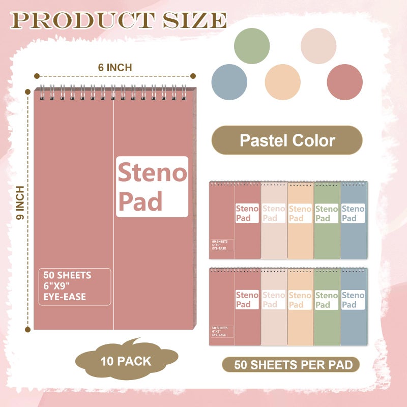 SKLENICE 10 Pack 6X9 Pastel Steno Pads Gregg Ruled Spiral Notebook Top Spiral Notepad Colored Steno Pads Pastel Colored Notepads Color Paper 50 Sheets for School College Office(Red Pink Blue Green Flesh) - Image 2
