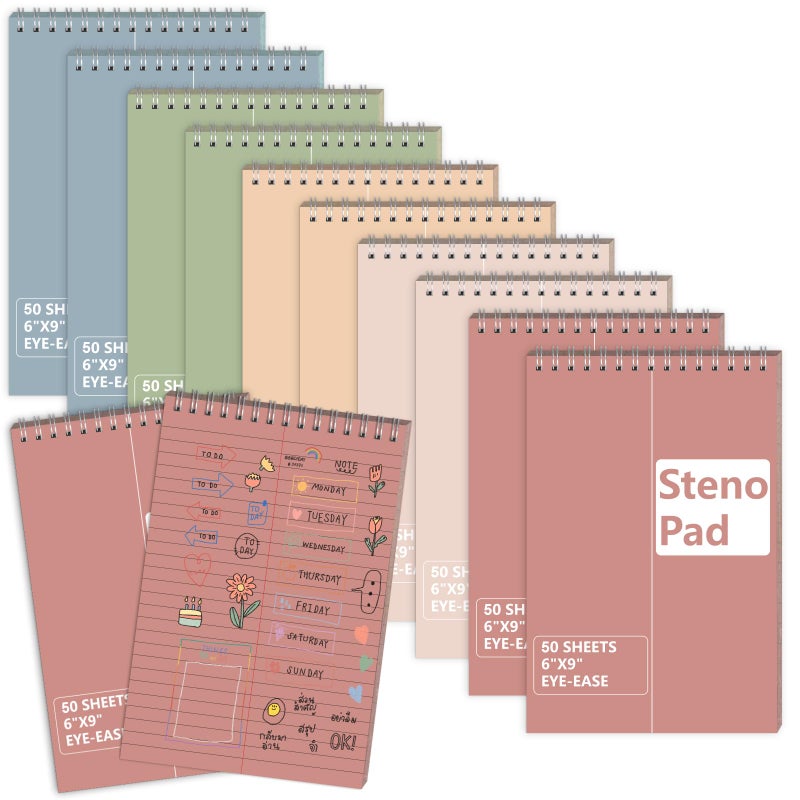 SKLENICE 10 Pack 6X9 Pastel Steno Pads Gregg Ruled Spiral Notebook Top Spiral Notepad Colored Steno Pads Pastel Colored Notepads Color Paper 50 Sheets for School College Office(Red Pink Blue Green Flesh) - Image 1