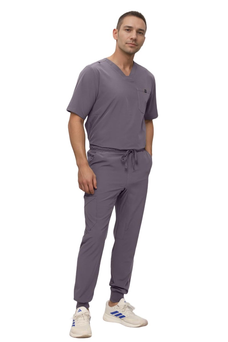 Monarch Uniforms Men's Jogger Scrub Set Tuck-in Scrubs for Men with Jogger Pants and One Pocket Top (Charcoal,Large) - Image 1