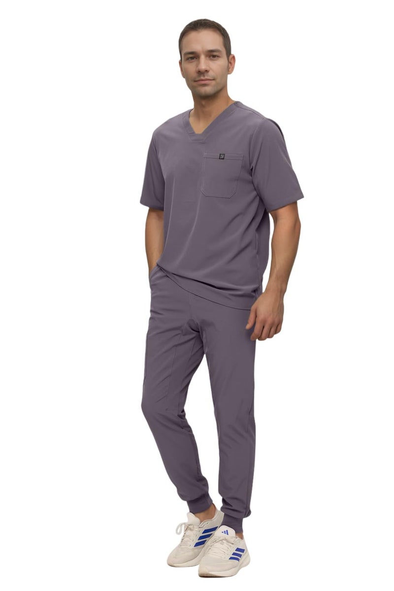 Monarch Uniforms Men's Jogger Scrub Set Tuck-in Scrubs for Men with Jogger Pants and One Pocket Top (Charcoal,Large) - Image 2